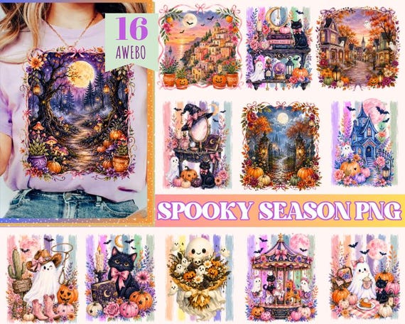 Whimsical Halloween PNG Bundle, Watercolor Ghost Pumpkin Scenes, Striped Halloween Png, Haunted House Png, Cozy Spooky Season Png,