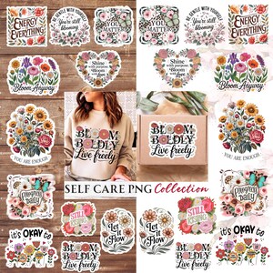 Blumen motivierende Zitate PNG Bündel | Boho Mentale Gesundheit Aufkleber Png | Druckbare botanische Selbstliebe PNG Designs | Positive Affirmationen