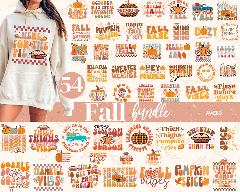 54 Retro Fall Bundle SVG PNG, Thanksgiving Svg, Fall vibes svg, Trendy svg, Coffee mug svg, Pumpkin svg, Groovy Autumn Svg, Fall Shirt svg