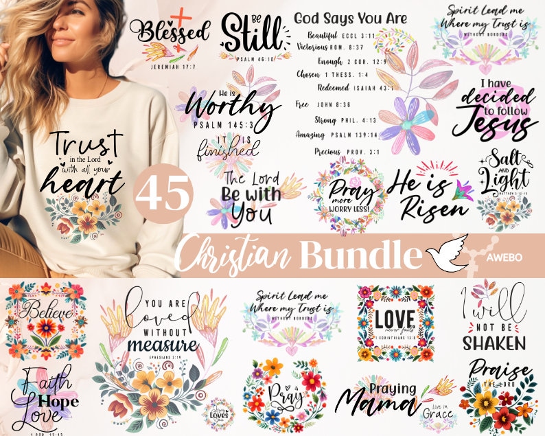May include: A digital download of 45 Christian-themed designs featuring floral wreaths, inspirational quotes, and bible verses. The designs are perfect for creating t-shirts, mugs, tote bags, and other crafts.