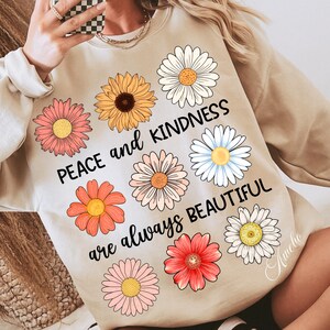 Paz y amabilidad bohemias PNG / Flores de margaritas inspiradoras Png / Afirmaciones positivas Png / Cita floral retro Png / Amor propio bohemio Png