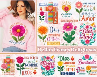 20 Colorful Spanish Christian PNG Bundle, Mexican Floral Faith Designs, Latino Bible Quotes PNG, Religious Spanish Phrases, Religious PNG