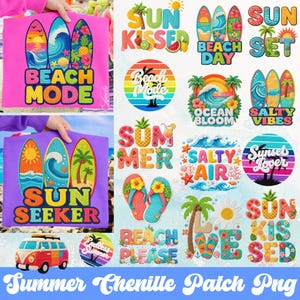 Puede incluir: Una colección de parches de chenilla con temática veraniega. Los diseños incluyen tablas de surf, frases de playa como "Beach Mode" y "Sun Seeker", y otros elementos tropicales. Los parches presentan colores brillantes y bordados detallados.