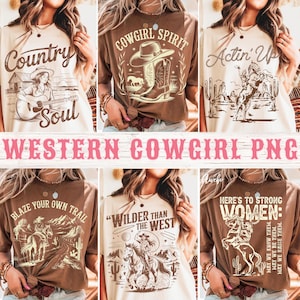 Cowgirl PNG Bundle, westliche Grafik-Zitate, Landmädchen Sublimation, Retro Wilder Westen PNGs für T-Shirts und Kunsthandwerk, Cowgirl Reitpferd Png