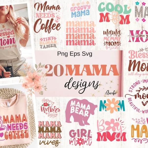 20 Boho Retro Mama Svg Png Bundle | Coffee Mug Mom Svg | Sublimation Designs | Funny Mom Life Quotes svg | Blessed Mama svg | Trendy svg