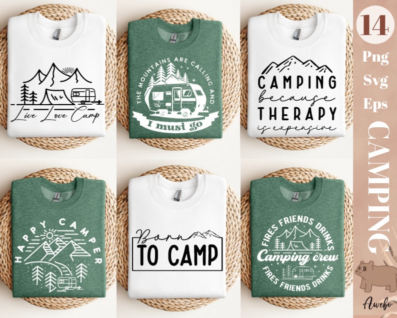 K&ouml;nnte beinhalten: Ein Set mit 14 digitalen Designs mit Camping-Motiven und Text. Die Designs sind in Schwarzwei&szlig; gehalten und zeigen einen Wohnwagen, Berge, B&auml;ume und Text wie "Live Love Camp", "The Mountains Are Calling", "Camping Because Therapy Is Expensive", "Happy Camper", "Born To Camp" und "Fires Friends Drinks Camping Crew".