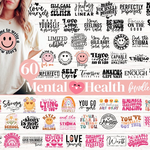 Boho Mental Gesunde zwarte svg png Bundle, Retro Inspirierende Zitate svg, Positive tägliche Affirmationen svg, ermächtigte Frauen svg, Boho Self Love svg