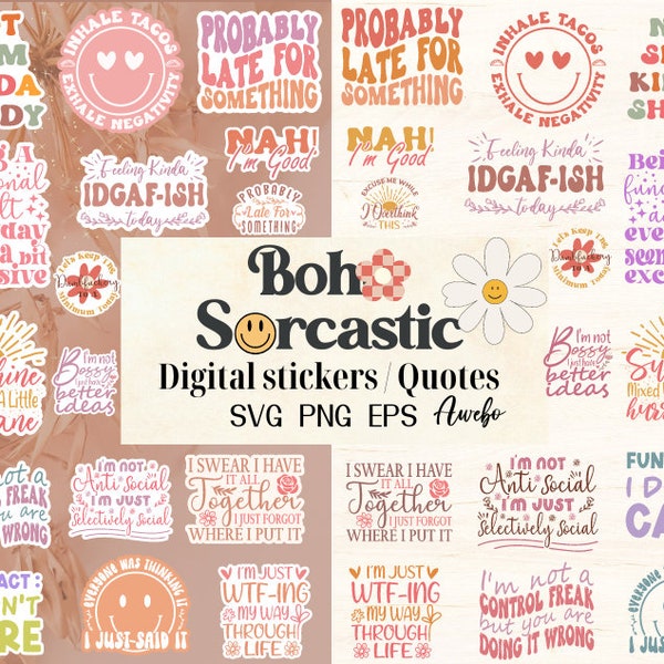 Boho sarcastische citaten SVG PNG bundel, sarcasme digitale stickers, Cricut SVG-bestand, grappige grappen, sublimatie ontwerpen, retro stijl ontwerpen