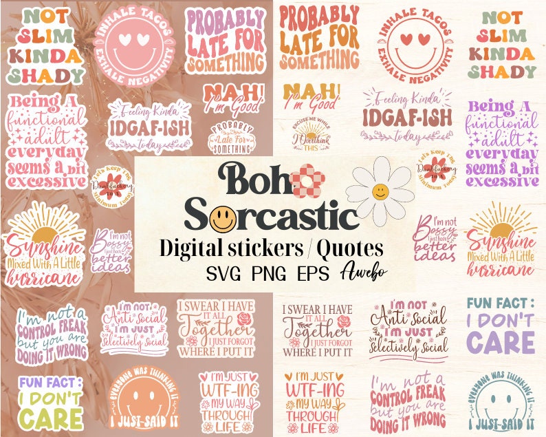 Boho Sarcastic Quotes Svg Png Bundle, Sarcasm Digital Stickers, Cricut svg file, Funny Jokes, Sublimation Designs, Retro Style Designs