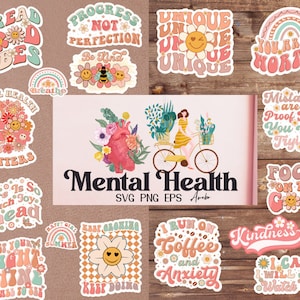 Retro Boho Mental Gesundes SVG-PNG-Bundle, druckbare Aufkleber, Motivationszitate, positive Affirmationen, Inspirationszitate, Selbstfürsorge sv