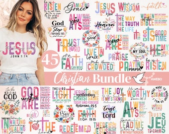 May include: A collection of 45 Christian-themed designs featuring colorful text and floral elements. The designs include phrases like "Jesus Loves You", "Amazing Grace", "Faith Can Move Mountains", and "The Lord is My Light".