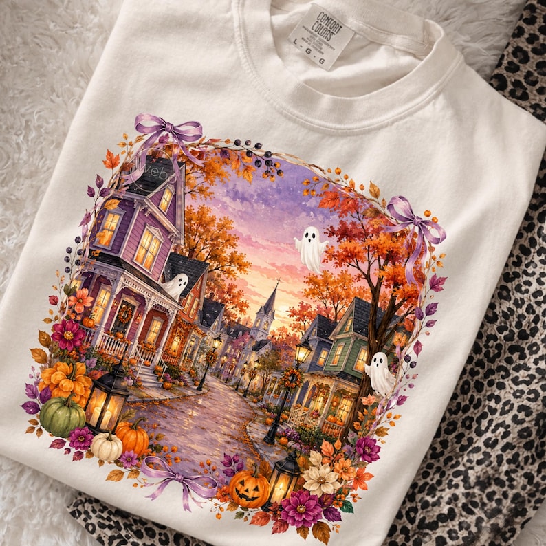 May include: A cream-colored t-shirt featuring a graphic print of a fall street scene with Victorian houses, glowing lanterns, pumpkins, and ghosts. The design is framed by autumn leaves and purple ribbons, with a Comfort Colors label at the neck.