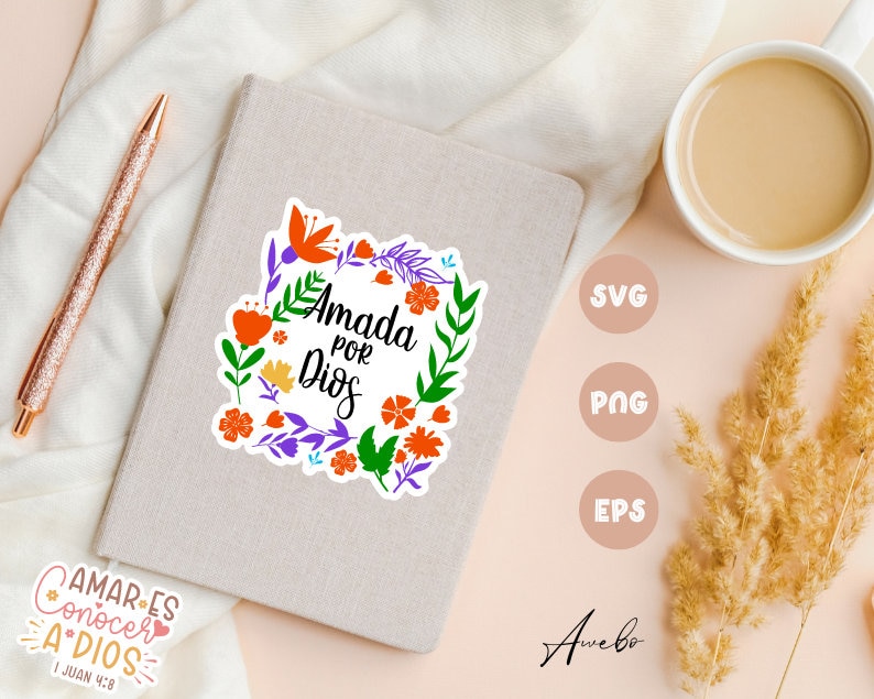 Beautiful Spanish Christian Digital Stickers SVG PNG EPS. Spanish Printable Stickers of Bible Verses with Flowers for Notebooks, Tumblers, Laptops and more.