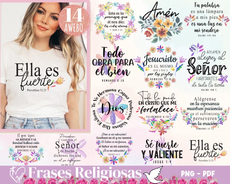 Puede incluir: Un conjunto de 10 dise&ntilde;os digitales imprimibles coloridos con citas religiosas en espa&ntilde;ol. Los dise&ntilde;os presentan bordes florales y mensajes inspiradores como "Ella es fuerte" (Ella es fuerte) y "Todo obra para el bien" (Todo obra para el bien).