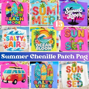15 Summer Chenille Patch PNG Bundle, Beach Vibes Retro Summer Designs, Coastal Vacation Graphics, Salty Vibes, Tropical Png, Trendy Summer