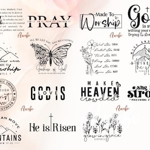 May include: A collection of 10 black and white printable designs with inspirational Christian quotes and phrases. The designs feature mountains, stars, butterflies, flowers, and crosses.