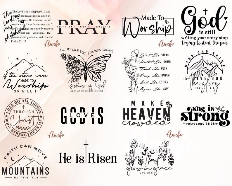 May include: A collection of 10 black and white printable designs with inspirational Christian quotes and phrases. The designs feature mountains, stars, butterflies, flowers, and crosses.