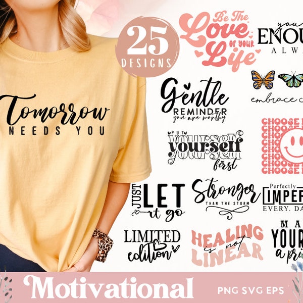 25 Boho Inspirational Svg Png Bundle / Afirmaciones diarias positivas Citas Svg / Bondad Svg / Retro Motivacional svg / Camiseta de moda svg