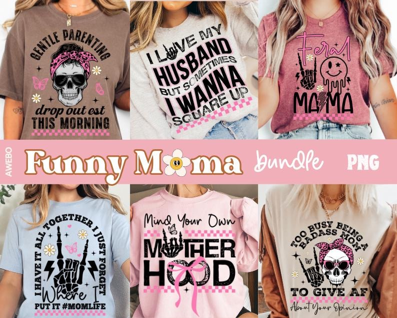 K&ouml;nnte beinhalten: Eine Auswahl an T-Shirts mit humorvollen Grafiken und Texten. Designs beinhalten einen Sch&auml;del mit Bandana, ein Smiley-Gesicht mit Peace-Zeichen und S&auml;tze wie "I love my husband but sometimes I wanna square up." Der Text "Funny Moma bundle PNG" ist ebenfalls sichtbar.