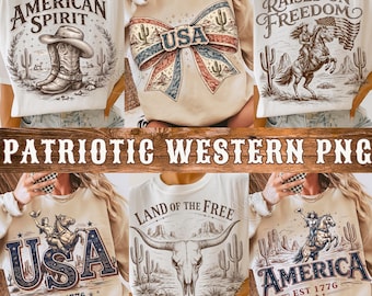 Patriotic Western PNG Bundle, 4th of July USA Designs, Americana Cowgirl Country Graphics, Vintage Freedom Shirt PNG Download