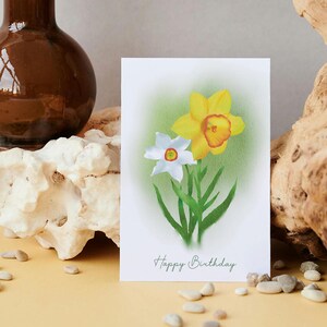 Cartão de aniversário de março com flor de narciso - Download digital, cartão floral em aquarela para aniversário de março, cartão de felicitações A2 e 5x7 para impressão