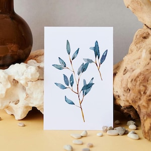 Cartão de folhas em aquarela, cartão para download digital com estilo aquarela, Cartão de folhas elegantes azuis e verdes pintadas à mão, tamanho A2 e 5x7