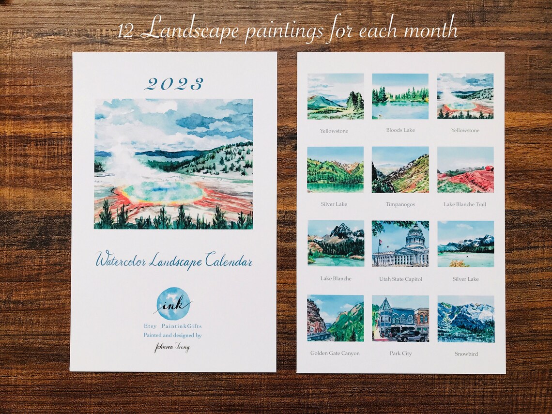 2023 Watercolor Landscape Monthly Desk Calendar 12 Different - Etsy