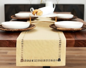 Beige Hemstitched Linen Table Runner. Various sizes available. Table Linens. Table Decor. Table Setting. Boho Table Decor.