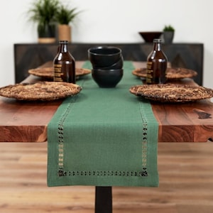 Hemstitched Linen Table Runner in Forest Green. Various sizes available. linen table decor. green table setting. table linens. Holiday Decor