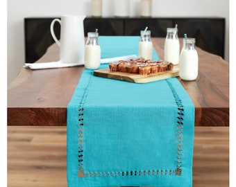 Hemstitched Table Runner in Teal Blue. Various sizes available. Table Linens. Event table decor. Home Decor.