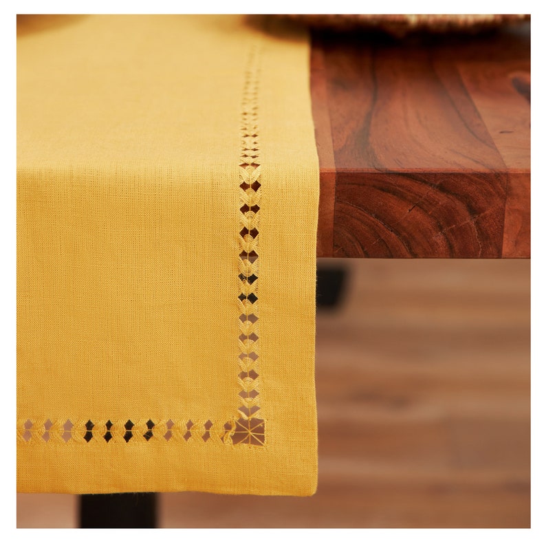 Boho Yellow Hemstitched Linen Table Runner. Various sizes available. Table Linens. Boho home decor. Wedding Decor. Rustic Thanksgiving Decor image 2