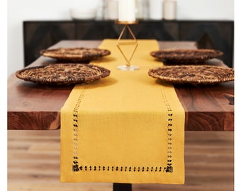 Boho Yellow Hemstitched Linen Table Runner. Various sizes available. Table Linens. Boho home decor. Wedding Decor. Rustic Thanksgiving Decor