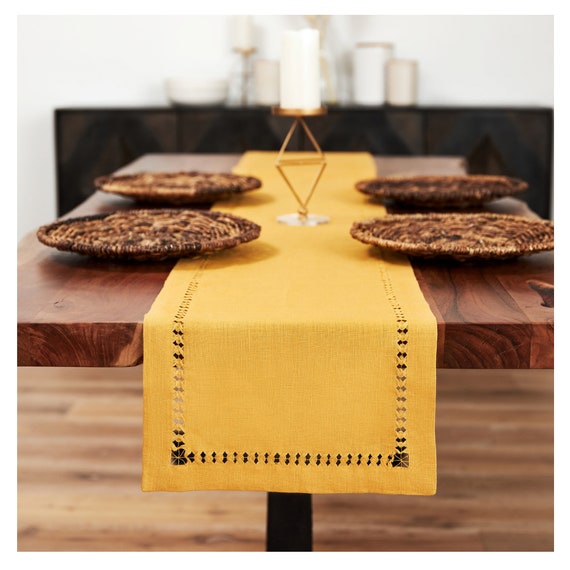 Boho Yellow Hemstitched Linen Table Runner. Various sizes available. Table Linens. Boho home decor. Wedding Decor. Rustic Thanksgiving Decor