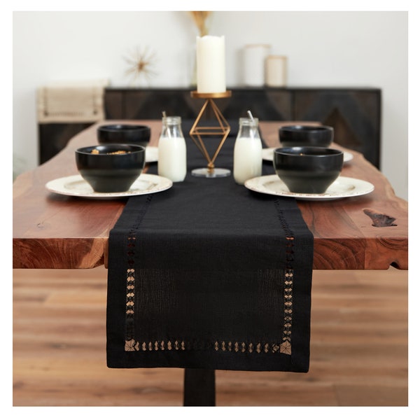Black Hemstitched Linen Table Runner. Available in Various sizes. Table runner. minimalist home decor. Table Linens