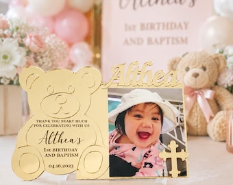 Teddy Bear Photo Frame Magnet Favor, Personalized Baptism Favor, First Birthday Baptism Gift, Christening Favor, Baby Photo Frame