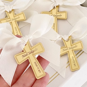 Custom Baptism Favor Tag, Acrylic Cross Name Tag, Christening Gift Label, Mi Bautizo Tags, Baptism Party Gift Tag, Gold Mirror Cross