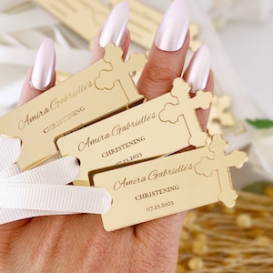 Personalized Gold Mirror Cross Baptism Tag, Favor Tags, Baptism Name Tag, Acrylic Christening Gift Tag, Communion Keepsake, Mi Bautizo Tag