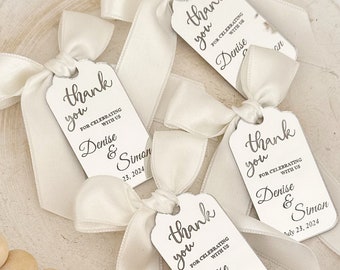 Personalized Mirror Wedding Favor Tags: Silver Acrylic, White Ribbon