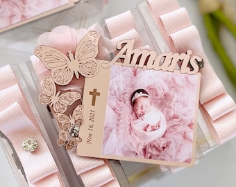 Rose Gold Butterfly Theme Custom Baptism Photo Frame Magnet, First Birthday Picture Frame Party Favor, Baptism Favors, 1st Birthday Favors