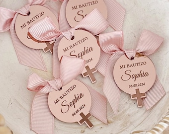 Rose Gold Baptism Favors Tag, Personalized Acrylic Mirror Tag, Thank You Favors Tags, Pink Baptism Gift Tag, Cross Name Tag, Mi Bautizo Tag