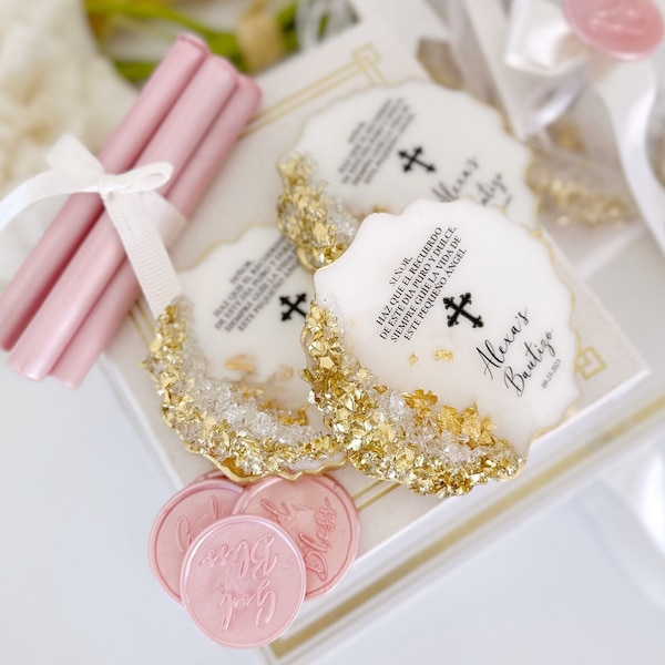 Personalized Baptism Epoxy Magnet Favor: Golden Christening Gift