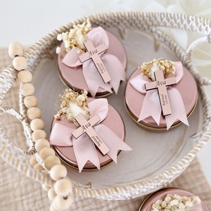 Rose Gold Baptism Candle Favors: Personalized Christening Gifts
