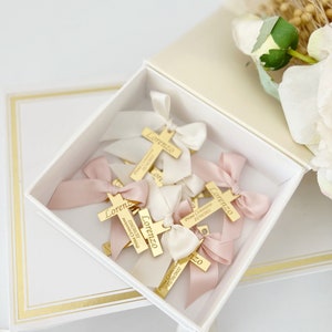 Baptism Favor Tag, Gold Rectangle Name Tag, Cross Baptism Tags, Gold Bless Labels, Lettering Name Logo, Christening Favors, 20pcs Mirror Tag image 1