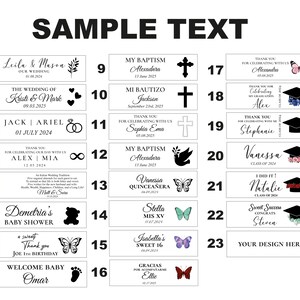 May include: A collection of rectangular labels with various text and graphic designs. The labels feature text such as names, dates, and phrases like "My Baptism" and "Sweet 16". Decorative elements include butterflies, crosses, and graduation caps.