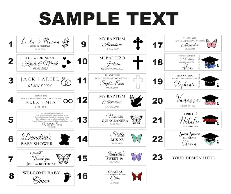 May include: A collection of rectangular labels with various text and graphic designs. The labels feature text such as names, dates, and phrases like "My Baptism" and "Sweet 16". Decorative elements include butterflies, crosses, and graduation caps.