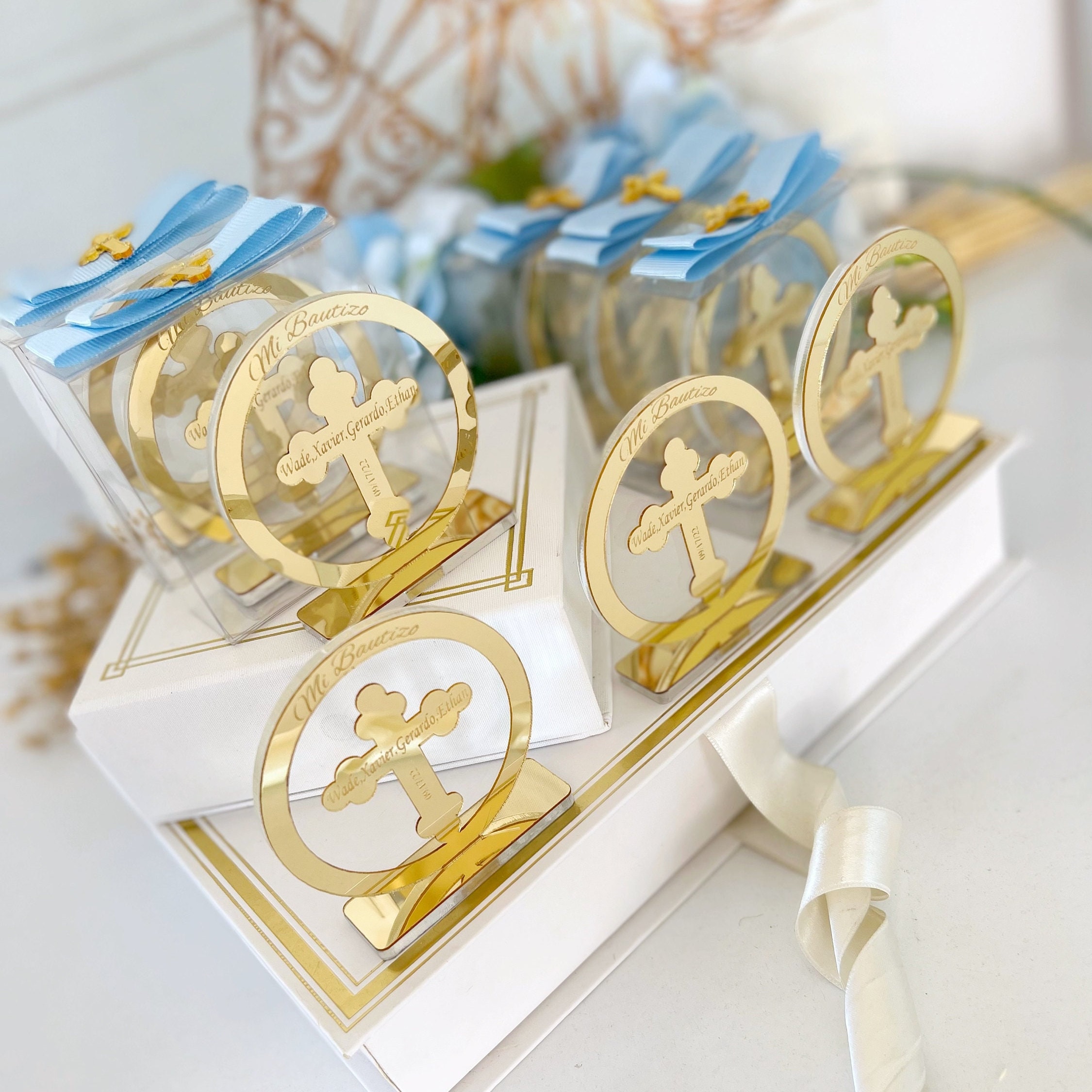 Personalized Golden Cross Baptism Favors: Acrylic Christening Gift