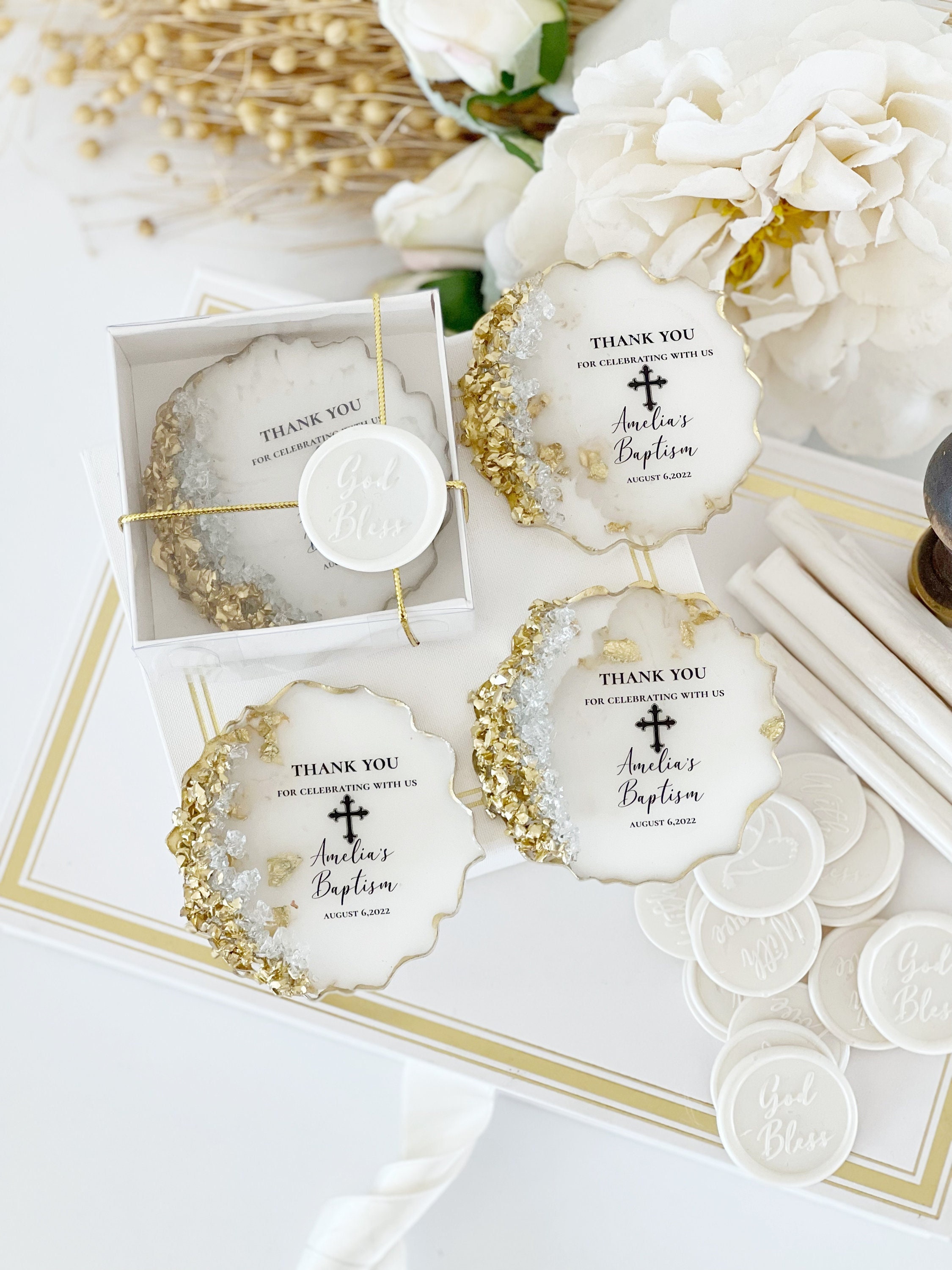 Golden Luxury Baptism Favor, Christening Epoxy Baptism Gift For