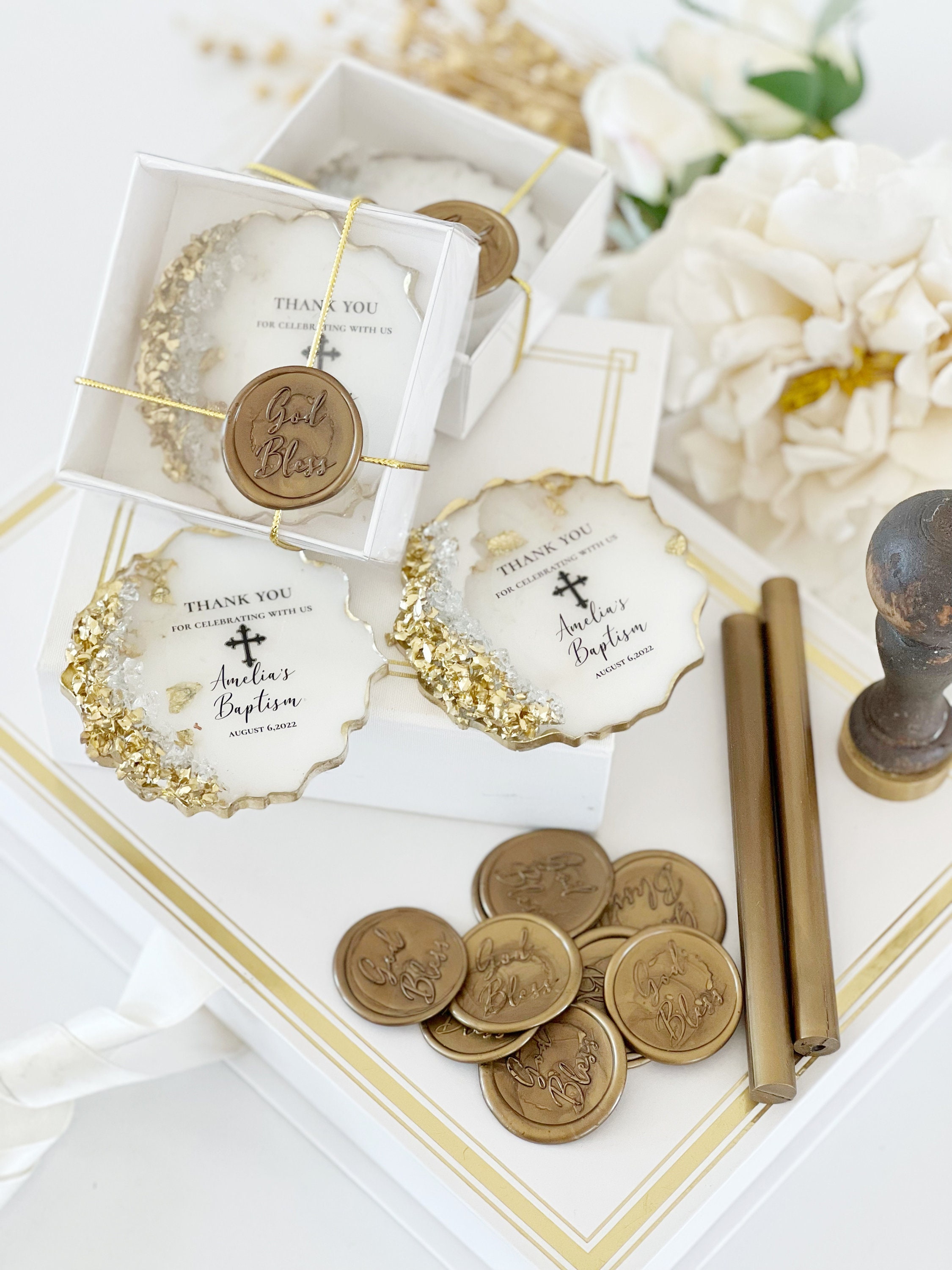 Golden Luxury Baptism Favor, Christening Epoxy Baptism Gift For