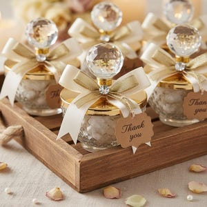 May include: Small glass jars with faceted sides and gold lids, topped with clear crystal-like spheres. Each jar is adorned with a cream and gold ribbon bow, a small rhinestone, and a brown paper tag with the printed text Thank you.