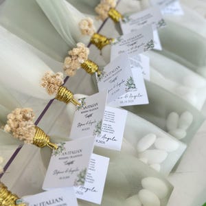 Custom Rustic Tulle Bomboniere with Gold Wire & Dried Flowers, Elegant Jordan Almond Wedding Favors